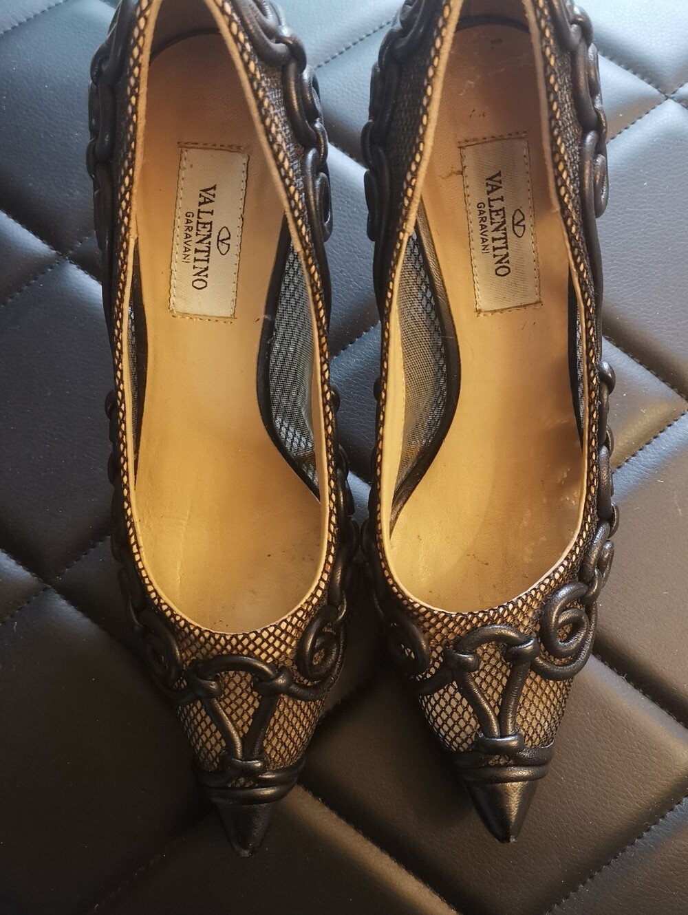 Valentino Garavani Vintage Black Mesh Leather Scrollwork Pointed Pumps - Size 37